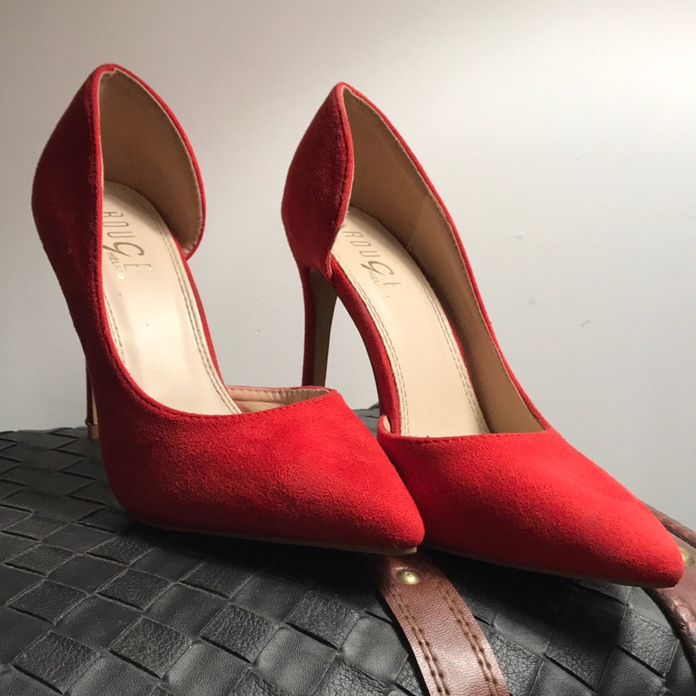 Red faux suede stiletto style heels